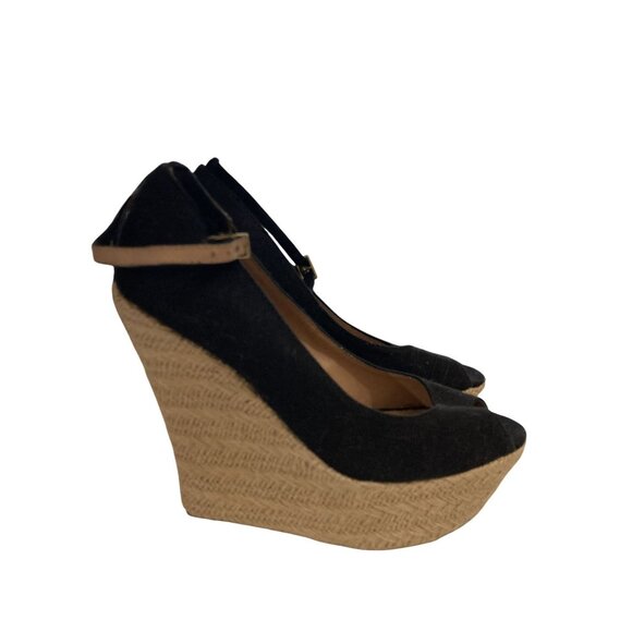 Glo Jeans Women's Size 7.5M Black Fabric ankle strap Wedge peep toe Sandals - Picture 4 of 7